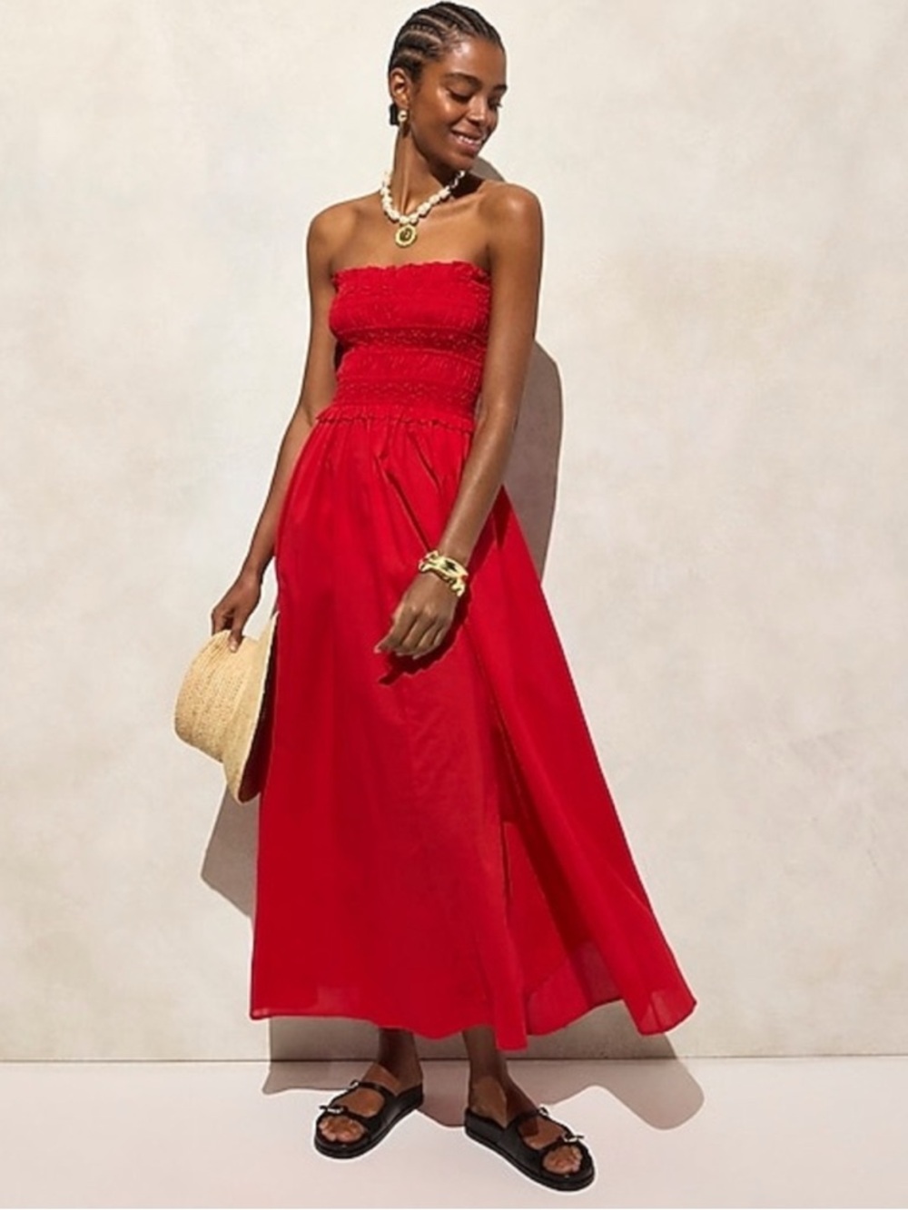J Crew Red Smocked Strapless Maxi Dress in Cotton Voile Womens Size S